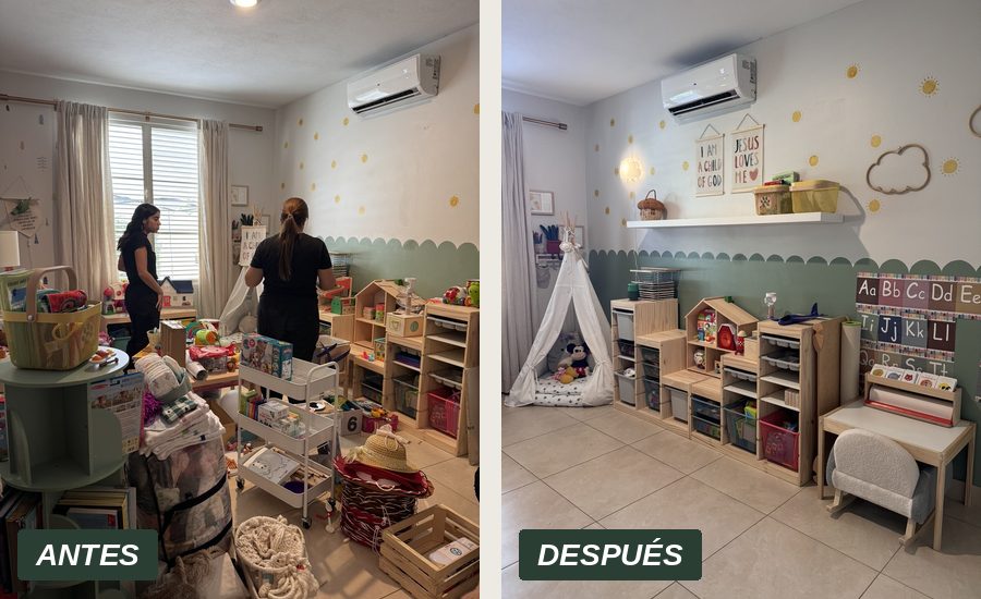 Cuarto de juegos antes y después de la organización de Off Clutter