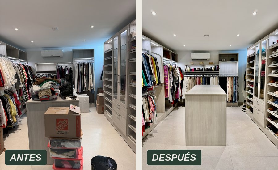 Walk-in clóset antes y después de la organización de Off Clutter